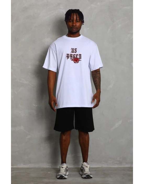 Erkek Oversize Baskılı Bisiklet Yaka T-Shirt - Beyaz