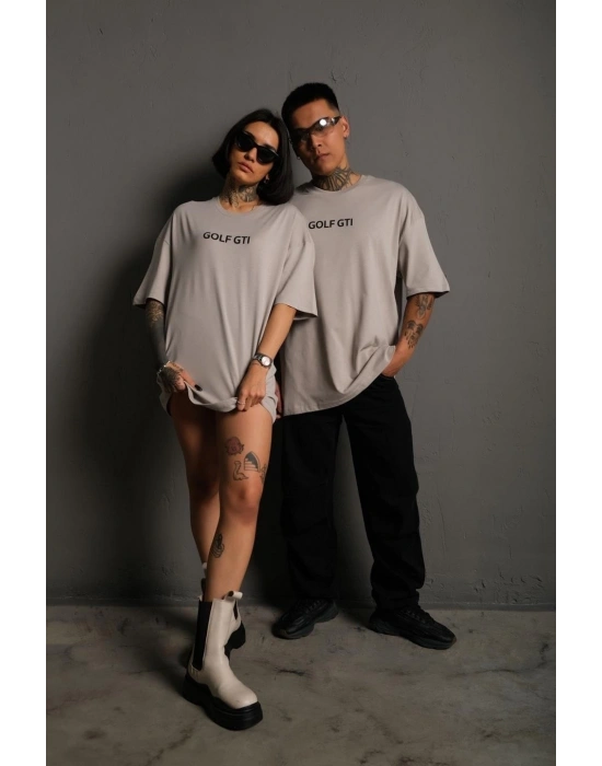 Erkek Oversize Baskılı Tişört Golf GTI Retro Araba Desenli Ön Arka Dijital Baskı - Gri