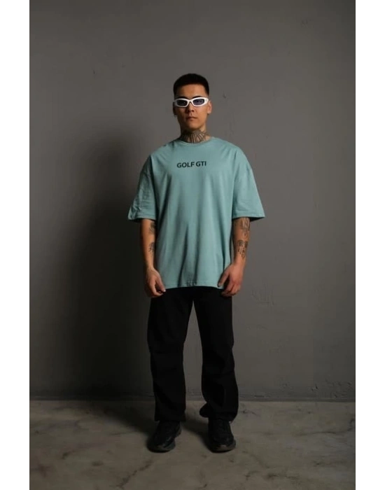 Erkek Oversize Baskılı Tişört Golf GTI Retro Araba Desenli Ön Arka Dijital - Mint Yeşili