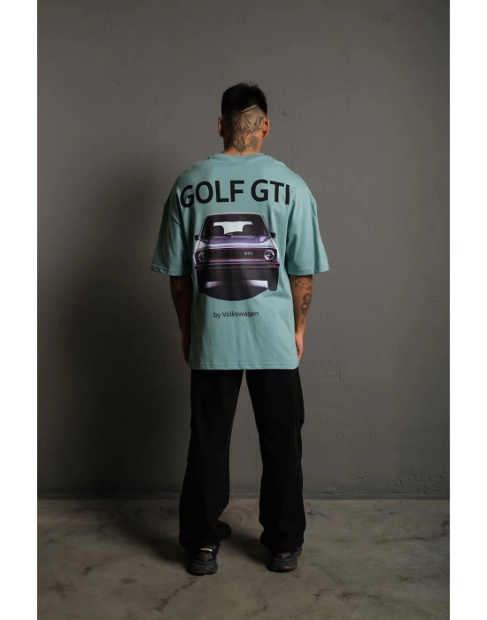 Erkek Oversize Baskılı Tişört Golf GTI Retro Araba Desenli Ön Arka Dijital - Mint Yeşili