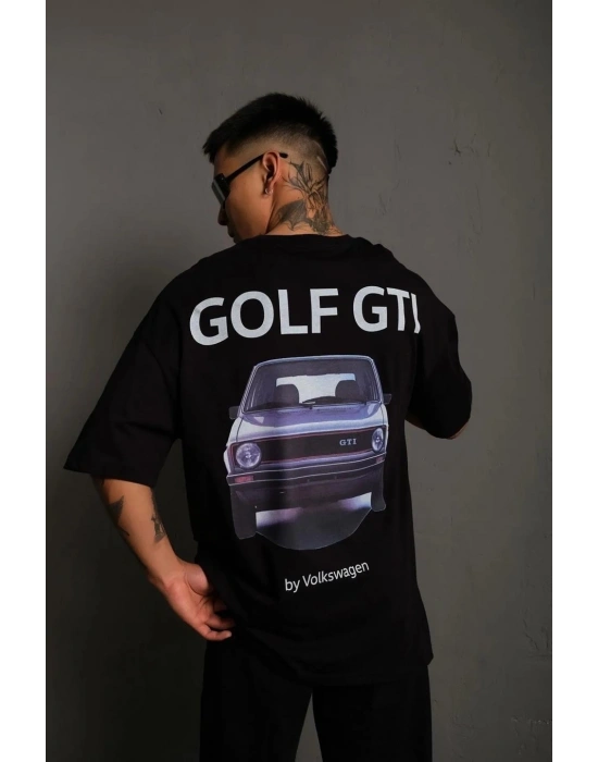 Erkek Oversize Baskılı Tişört Golf GTI Retro Araba Desenli Ön Arka Dijital Baskı - Siyah