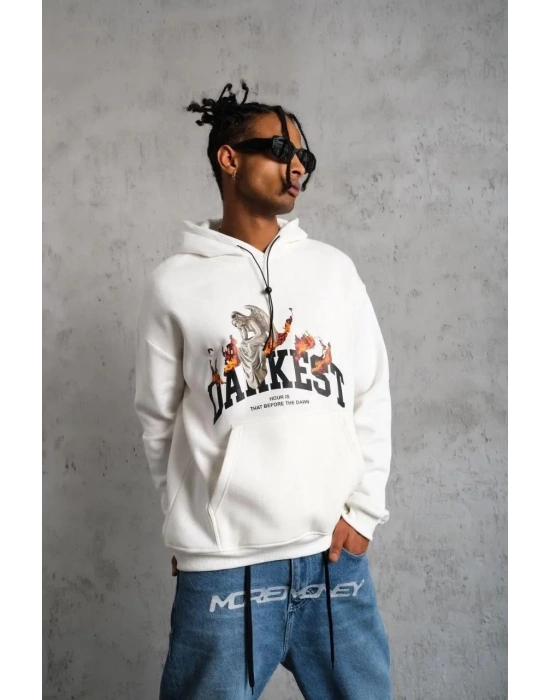 Erkek Oversize Kapüşonlu Sweatshirt Beyaz Üç İplik İçi Pamuklu Kanguru Cepli - Beyaz