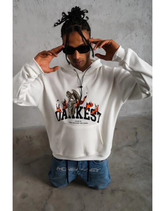 Erkek Oversize Kapüşonlu Sweatshirt Beyaz Üç İplik İçi Pamuklu Kanguru Cepli - Beyaz