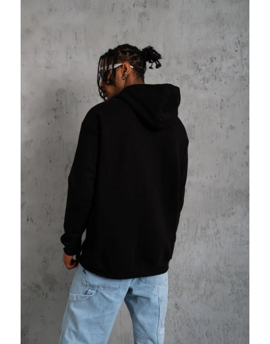 Erkek Oversize Kapüşonlu Sweatshirt Siyah Üç İplik İçi Pamuklu Kanguru Cepli - Siyah