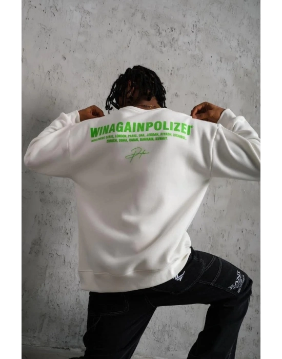 Erkek Oversize Sweatshirt Beyaz | Ön ve Sırt Baskılı Üç İplik İçi Pamuklu Kalıp - Beyaz