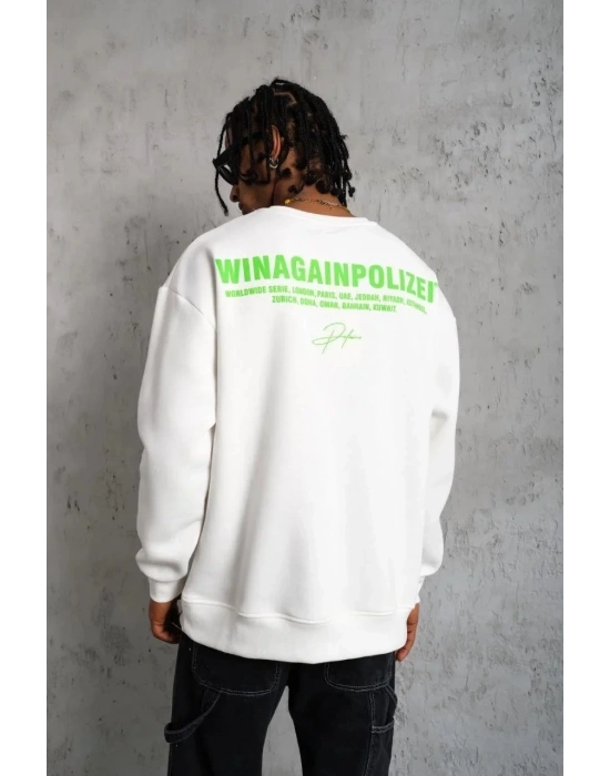 Erkek Oversize Sweatshirt Beyaz | Ön ve Sırt Baskılı Üç İplik İçi Pamuklu Kalıp - Beyaz