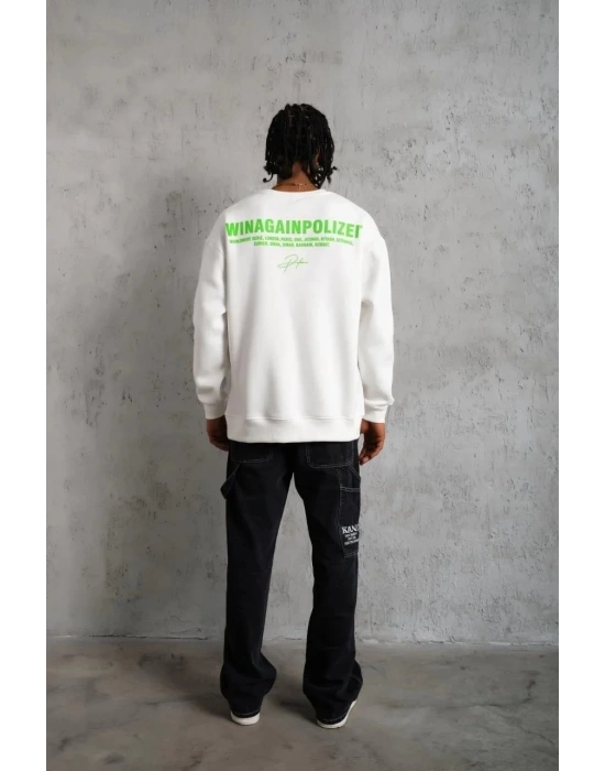 Erkek Oversize Sweatshirt Beyaz | Ön ve Sırt Baskılı Üç İplik İçi Pamuklu Kalıp - Beyaz