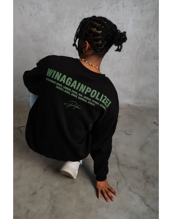 Erkek Oversize Sweatshirt Siyah | Ön ve Sırt Baskılı Üç İplik İçi Pamuklu Kalıp - Siyah