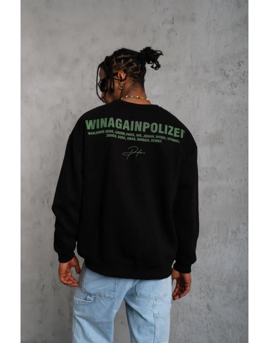 Erkek Oversize Sweatshirt Siyah | Ön ve Sırt Baskılı Üç İplik İçi Pamuklu Kalıp - Siyah