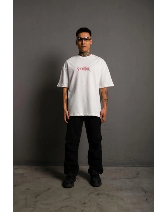 Erkek Oversize Tişört Beyaz 24/1 Penye Bisiklet Yaka Ön Arka Baskılı - Beyaz