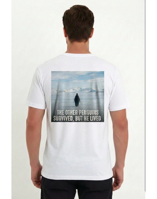 Erkek Oversize Tişört - Sırt Baskılı Survivor Penguin Temalı Felsefi Yazılı - Beyaz
