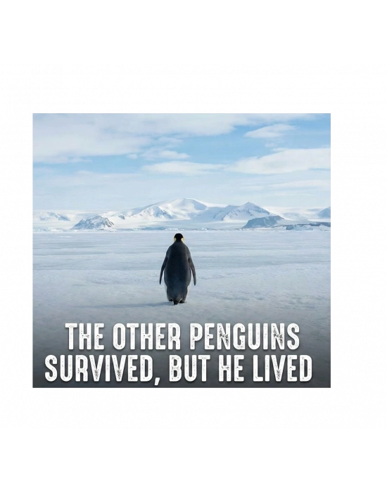 Erkek Oversize Tişört - Sırt Baskılı Survivor Penguin Temalı Felsefi Yazılı - Beyaz