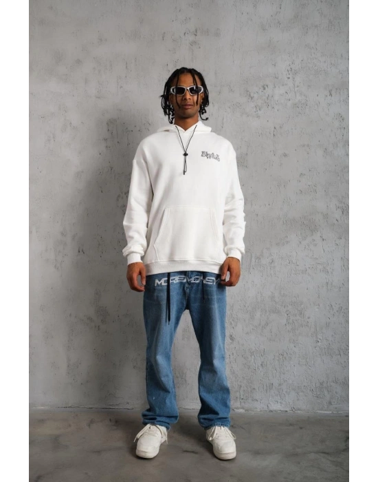 Erkek Oversize Üç İplik Kapüşonlu Sweat Kol ve Etek Ribana Detaylı Ön ve Sırt - Beyaz