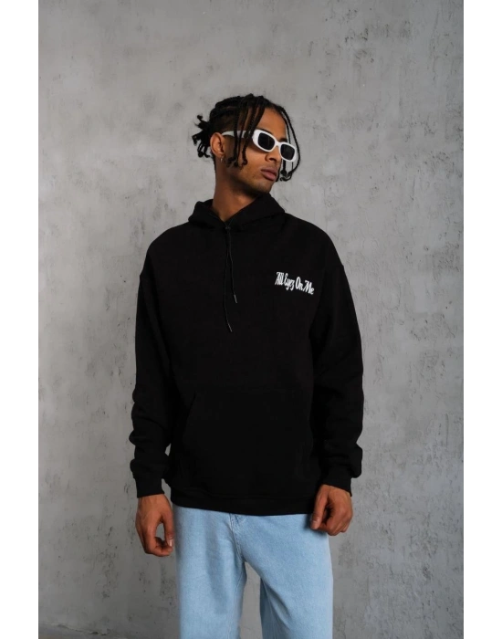 Erkek Oversize Üç İplik Kapüşonlu Sweat Siyah Kol ve Etek Ribana Detaylı Ön ve Sırt