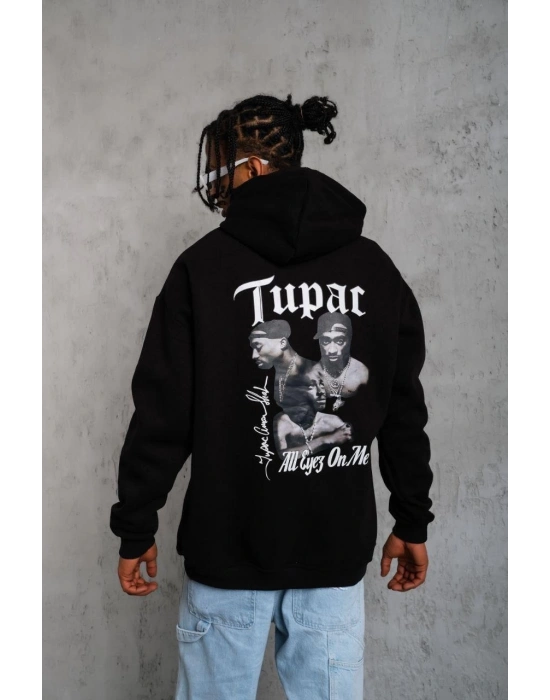 Erkek Oversize Üç İplik Kapüşonlu Sweat Siyah Kol ve Etek Ribana Detaylı Ön ve Sırt