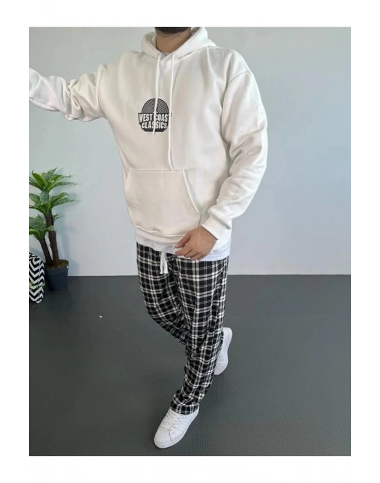 Erkek Oversize Üç İplik Kapüşonlu Sweatshirt Beyaz Ön Baskılı Kanguru Cepli Kalıp İçi