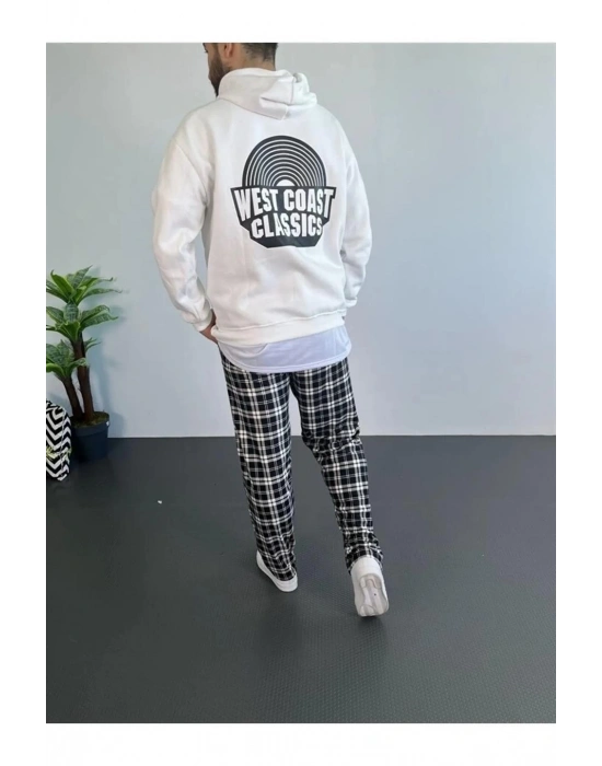 Erkek Oversize Üç İplik Kapüşonlu Sweatshirt Beyaz Ön Baskılı Kanguru Cepli Kalıp İçi