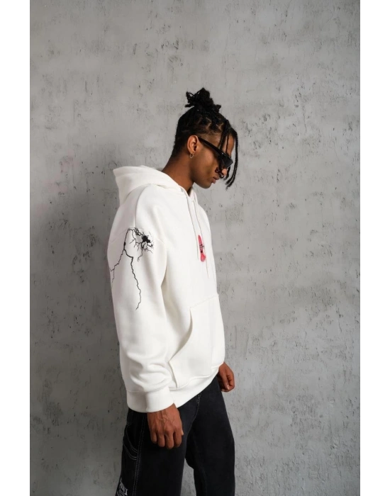 Erkek Oversize Üç İplik Kapüşonlu Sweatshirt Don’t Be Terrified Ön Sırt ve Kol - Beyaz