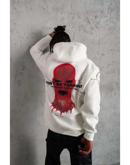 Erkek Oversize Üç İplik Kapüşonlu Sweatshirt Don’t Be Terrified Ön Sırt ve Kol - Beyaz