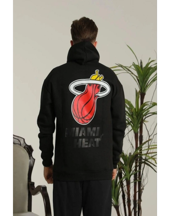 Erkek Oversize Üç İplik Kapüşonlu Sweatshirt –Sırt ve Ön Baskılı Kanguru Cepli - Siyah