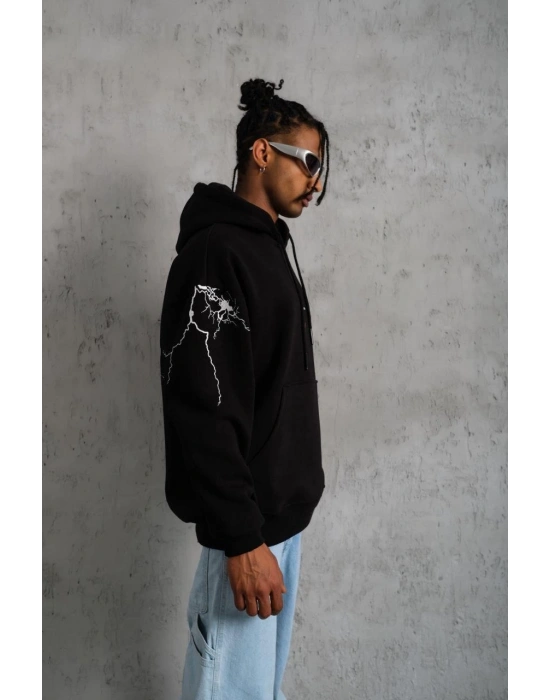 Erkek Oversize Üç İplik Kapüşonlu Sweatshirt Siyah Don’t Be Terrified Ön Sırt ve - Siyah