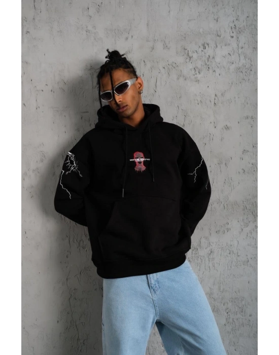 Erkek Oversize Üç İplik Kapüşonlu Sweatshirt Siyah Don’t Be Terrified Ön Sırt ve - Siyah