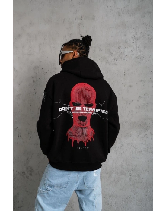Erkek Oversize Üç İplik Kapüşonlu Sweatshirt Siyah Don’t Be Terrified Ön Sırt ve - Siyah