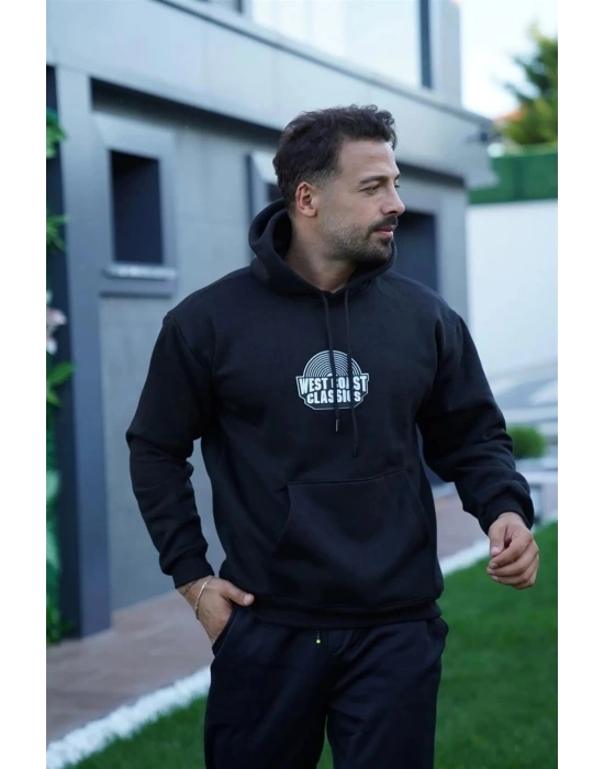 Erkek Oversize Üç İplik Kapüşonlu Sweatshirt – Siyah Sırt ve Ön Baskılı, Kanguru Cepli, Rahat Kalıp, İçi Pamuklu ModeL-Siyah