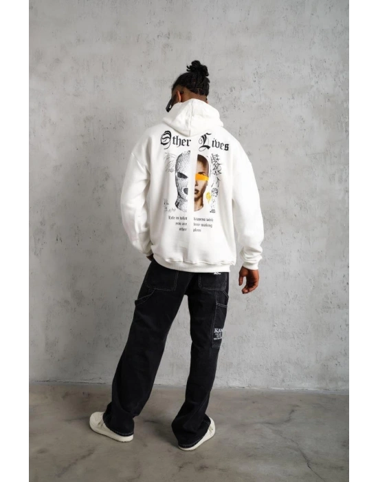 Erkek Oversize Üç İplik Şardonlu Kapüşonlu Sweatshirt Beyaz Other Lives Ön ve Arka Baskılı