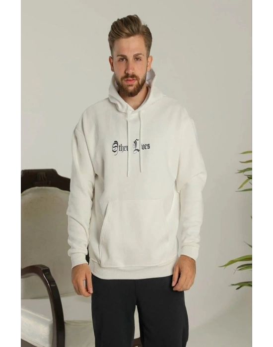 Erkek Oversize Üç İplik Şardonlu Kapüşonlu Sweatshirt Beyaz Other Lives Ön ve Arka Baskılı