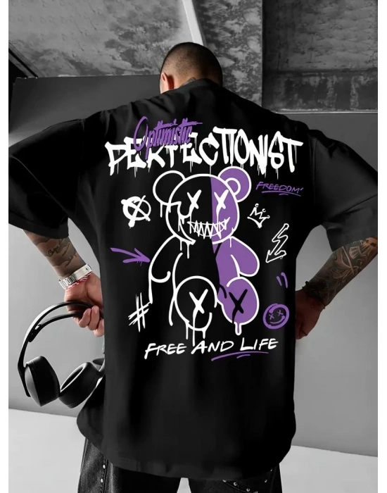 Erkek OversizeGrafik Tişört CAMPBRASTCOOPERATION Kalın Yazı Bisiklet Yaka Kısa - Siyah