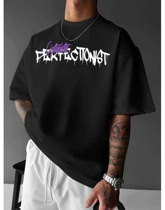 Erkek OversizeGrafik Tişört CAMPBRASTCOOPERATION Kalın Yazı Bisiklet Yaka Kısa - Siyah