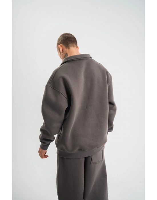 Erkek Patlı Yaka Üç İplik Pamuklu Sweatshirt Double Oversize Rahat Kalıp Günlük Kullanım - Füme