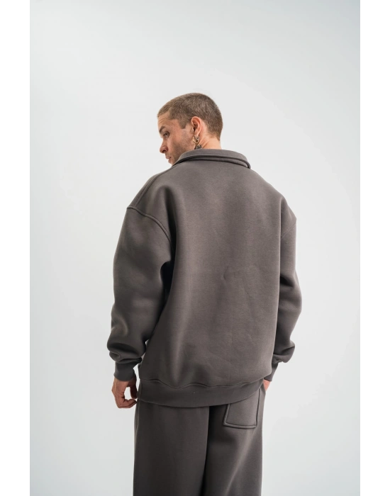 Erkek Patlı Yaka Üç İplik Pamuklu Sweatshirt Double Oversize Rahat Kalıp Günlük Kullanım - Füme