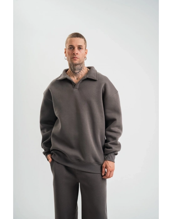 Erkek Patlı Yaka Üç İplik Pamuklu Sweatshirt Double Oversize Rahat Kalıp Günlük Kullanım - Füme