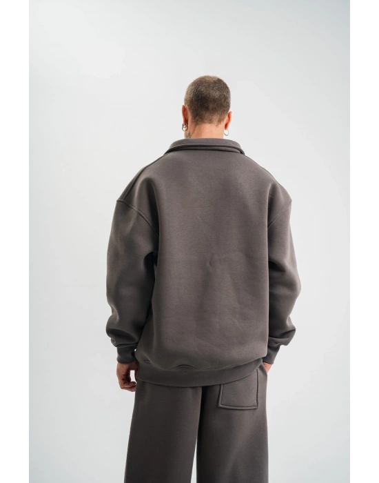 Erkek Patlı Yaka Üç İplik Pamuklu Sweatshirt Double Oversize Rahat Kalıp Günlük Kullanım - Füme