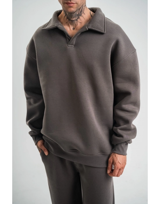 Erkek Patlı Yaka Üç İplik Pamuklu Sweatshirt Double Oversize Rahat Kalıp Günlük Kullanım - Füme