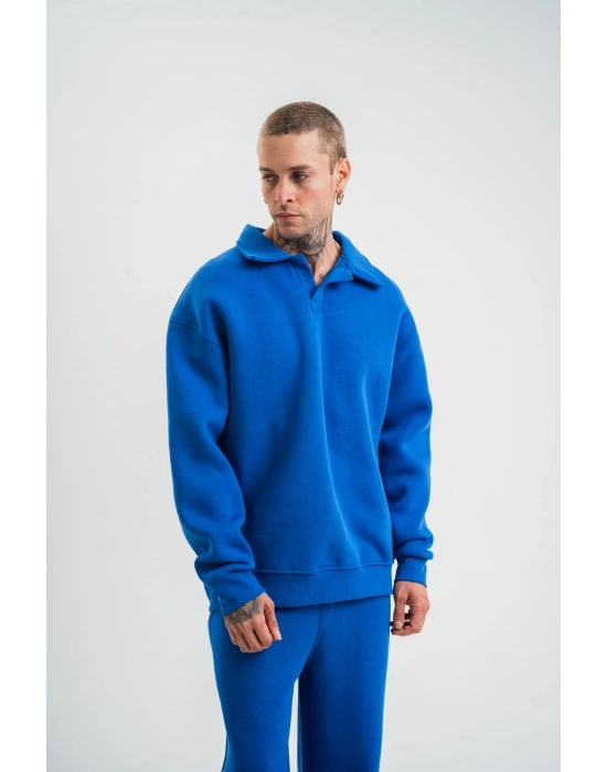 Erkek Patlı Yaka Üç İplik Pamuklu Sweatshirt Double Oversize Rahat Kalıp Günlük Kullanım - Mavi