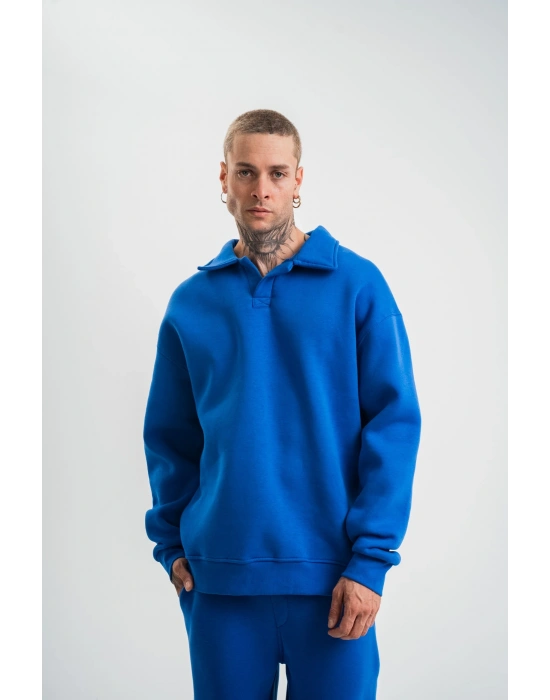 Erkek Patlı Yaka Üç İplik Pamuklu Sweatshirt Double Oversize Rahat Kalıp Günlük Kullanım - Mavi