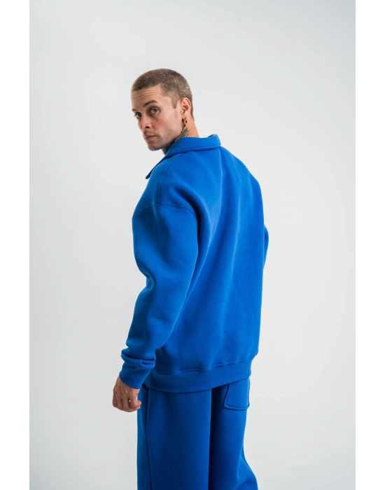 Erkek Patlı Yaka Üç İplik Pamuklu Sweatshirt Double Oversize Rahat Kalıp Günlük Kullanım - Mavi