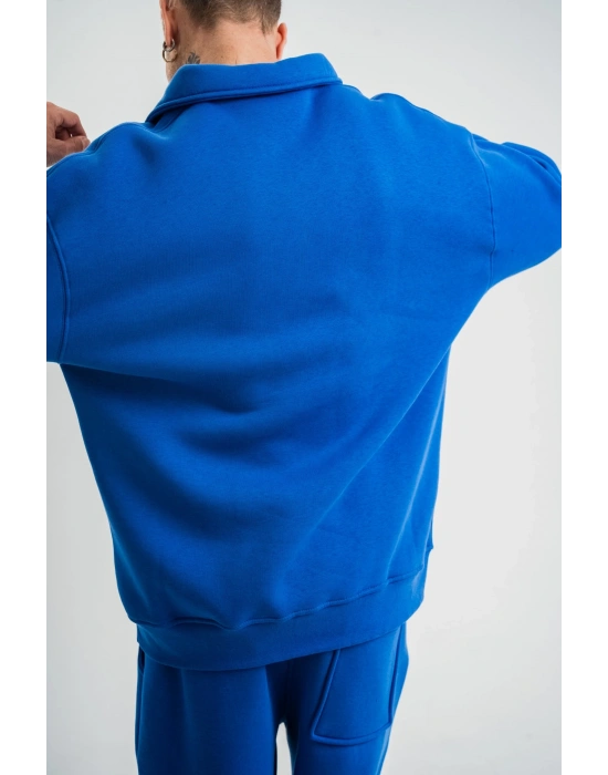 Erkek Patlı Yaka Üç İplik Pamuklu Sweatshirt Double Oversize Rahat Kalıp Günlük Kullanım - Mavi