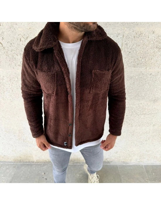 Erkek Pelüş Polar Hırka Gömlek – Yakalı, İlik Düğmeli, Göğüs Cepli, Yumuşak Dokulu Kışlık Regular Fit Rahat Günlük Model - Kahverengi