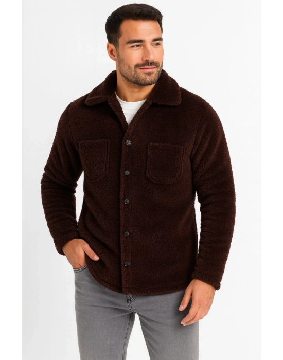 Erkek Pelüş Polar Hırka Gömlek – Yakalı, İlik Düğmeli, Göğüs Cepli, Yumuşak Dokulu Kışlık Regular Fit Rahat Günlük Model - Kahverengi