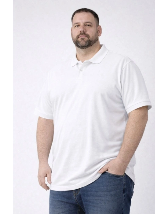 Erkek Pike Kumaş Düğmeli Yaka Battal Büyük Beden Günlük Kısa kol Tişört T-shirt - Beyaz