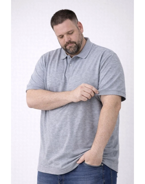 Erkek Pike Kumaş Düğmeli Yaka Battal Büyük Beden Günlük Kısa kol Tişört T-shirt - Gri