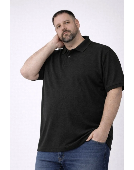 Erkek Pike Kumaş Düğmeli Yaka Battal Büyük Beden Günlük Kısa kol Tişört T-shirt - Siyah