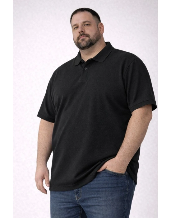 Erkek Pike Kumaş Düğmeli Yaka Battal Büyük Beden Günlük Kısa kol Tişört T-shirt - Siyah