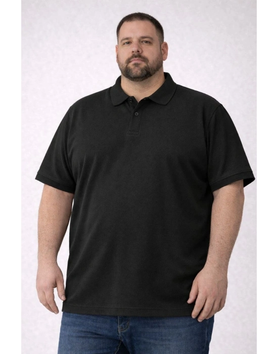 Erkek Pike Kumaş Düğmeli Yaka Battal Büyük Beden Günlük Kısa kol Tişört T-shirt - Siyah