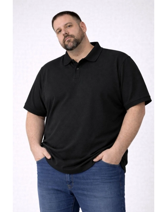 Erkek Pike Kumaş Düğmeli Yaka Battal Büyük Beden Günlük Kısa kol Tişört T-shirt - Siyah