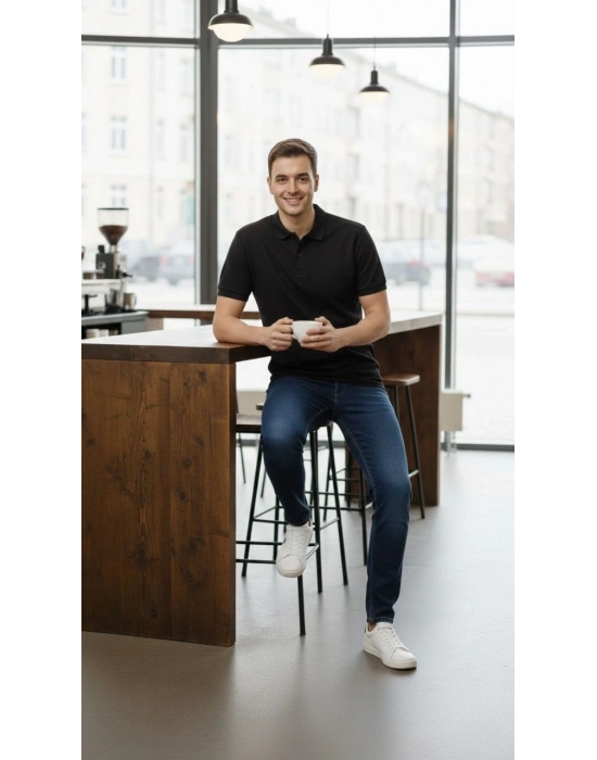 Erkek Pike Kumaş Düğmeli Yaka Regular Fit Günlük Kısa kol Tişört T-shirt - Siyah